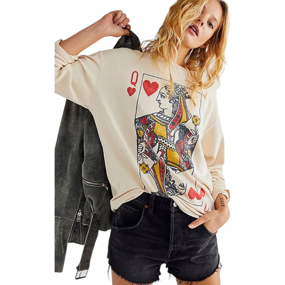 Daydreamer For Free People Queen Of Hearts Long Sleeve Tee Medium Cream New